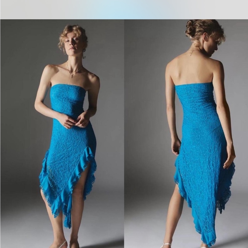 NWT SILENCE + NOISE from UO Gorgeous Mermaid Blue Strapless Lace Dress.